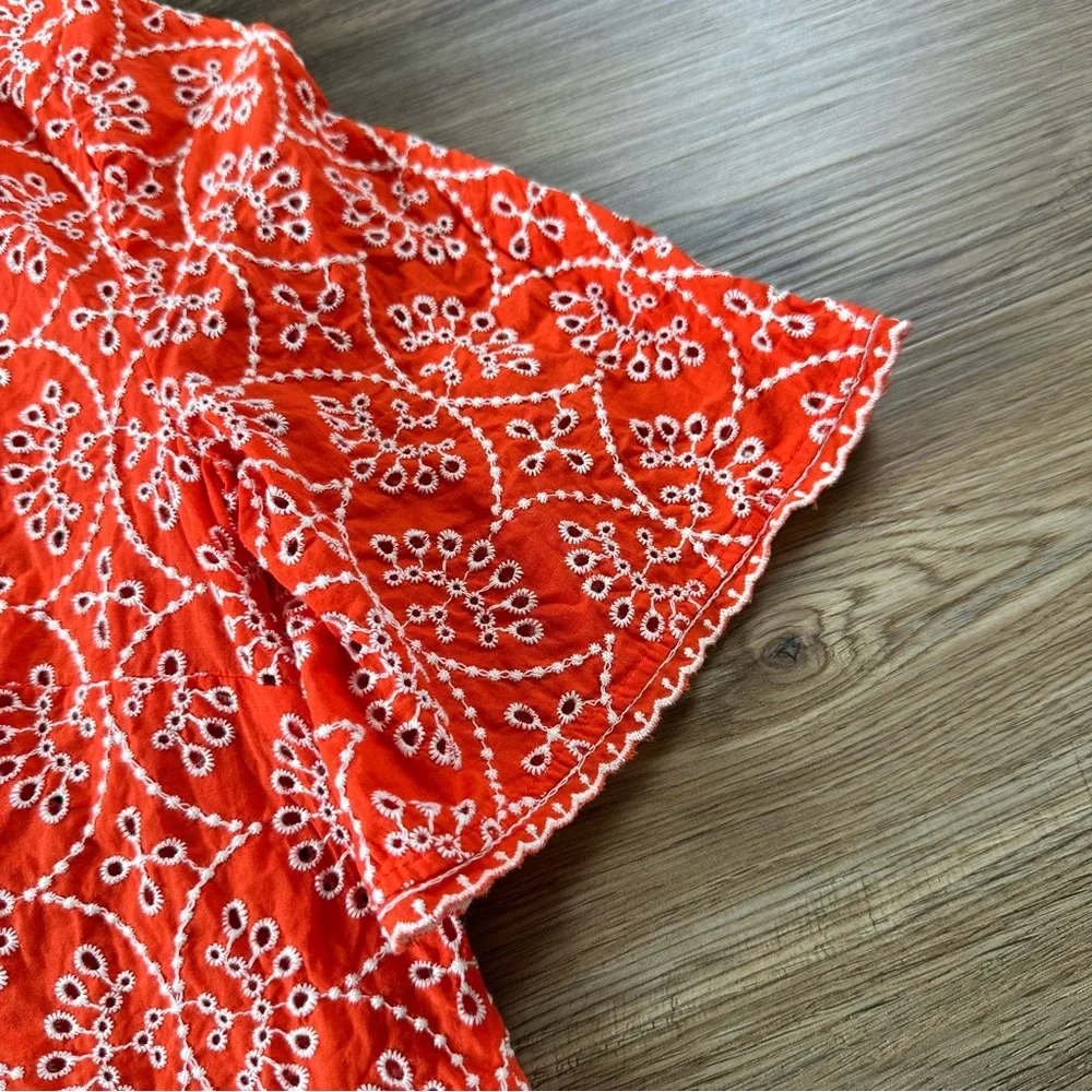 Sezane Antika Blouse Ecru On Coral 38 Fr US 6 Embroidered Button V-Neck Eyelet - Picture 7 of 11